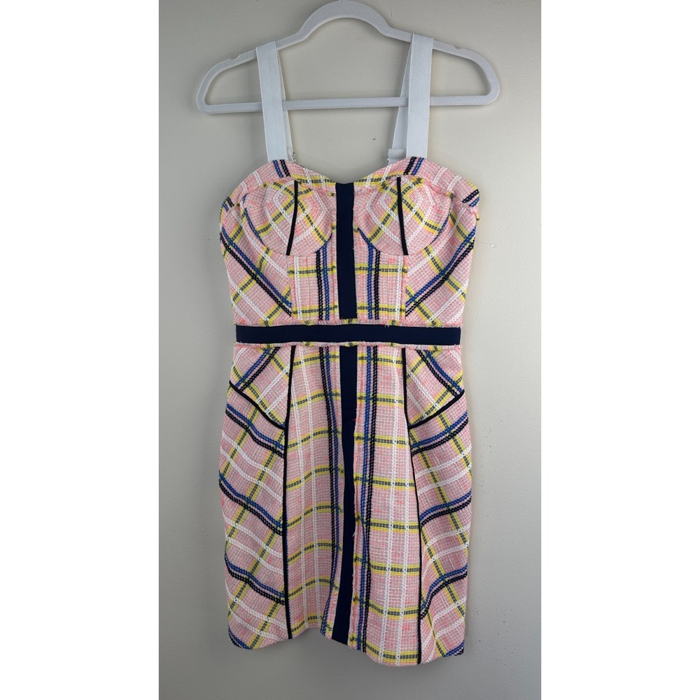 Rebecca Minkoff Clara Pink Plaid Tweed Bustier Mini Dress Size 8 Preppy Coquette - Picture 2 of 12